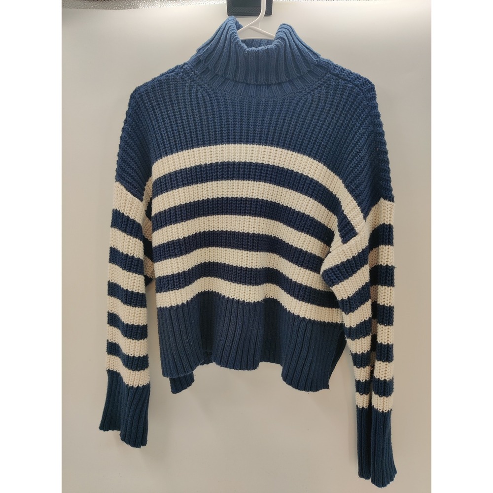 Madewell Womens Striped Turtleneck Sweater Navy Blue Cream Chunky Ribbed Knit S
